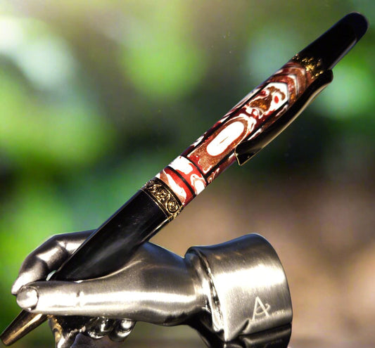 Red and White Swirl "Gisi Style" Pen with a Black Titanium Pen Kit and Gold Accents
