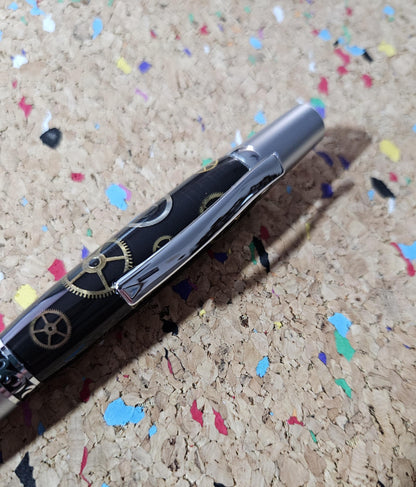 Authentic Clock Gears Pen | Black Background with Chrome & Gunmetal Kit