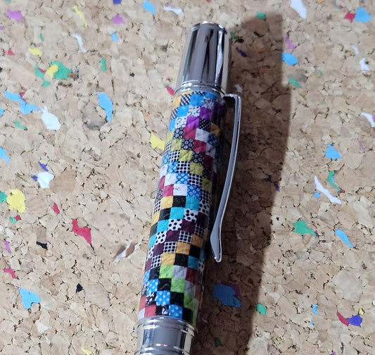 Small Square Patterned Quilted Label Cast Pen with a Polished Stainless Steel Liberty Kit, Made In America