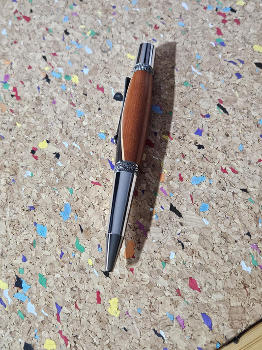 Walnut and Padauk Wooden Pen with a Stripe of Maple and an Elegant Sierra Chrome and Gunmetal Pen Kit with a Zirconium Gem on the Clip