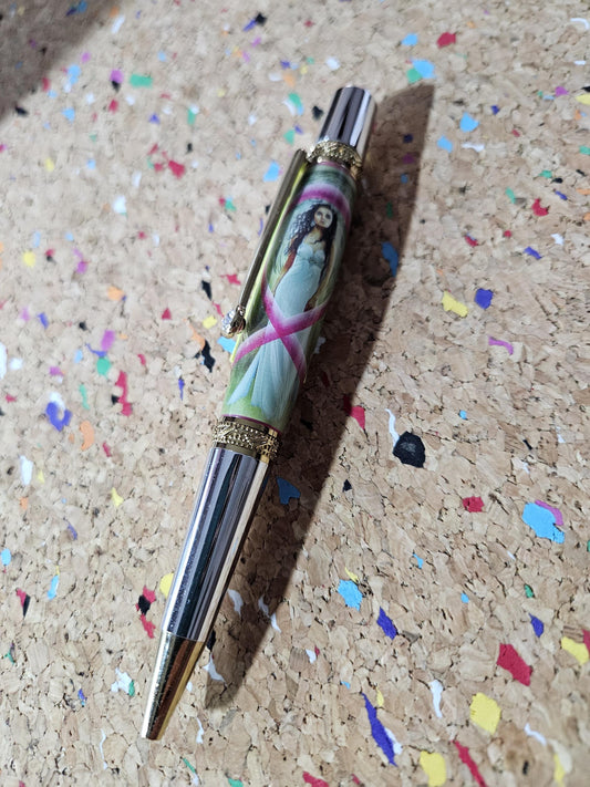 Breast Cancer Awareness Angel Label Cast Pen with Chrome and Gold Accents and a Zirconium Gem in the Clip