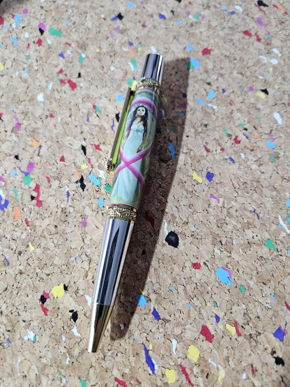 Breast Cancer Awareness Angel Label Cast Pen with Chrome and Gold Accents and a Zirconium Gem in the Clip