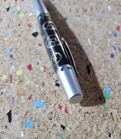 Authentic Clock Gears Pen | Black Background with Chrome & Gunmetal Kit