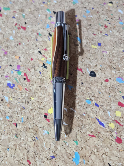 Walnut and Padauk Wooden Pen with a Stripe of Maple and an Elegant Sierra Chrome and Gunmetal Pen Kit with a Zirconium Gem on the Clip