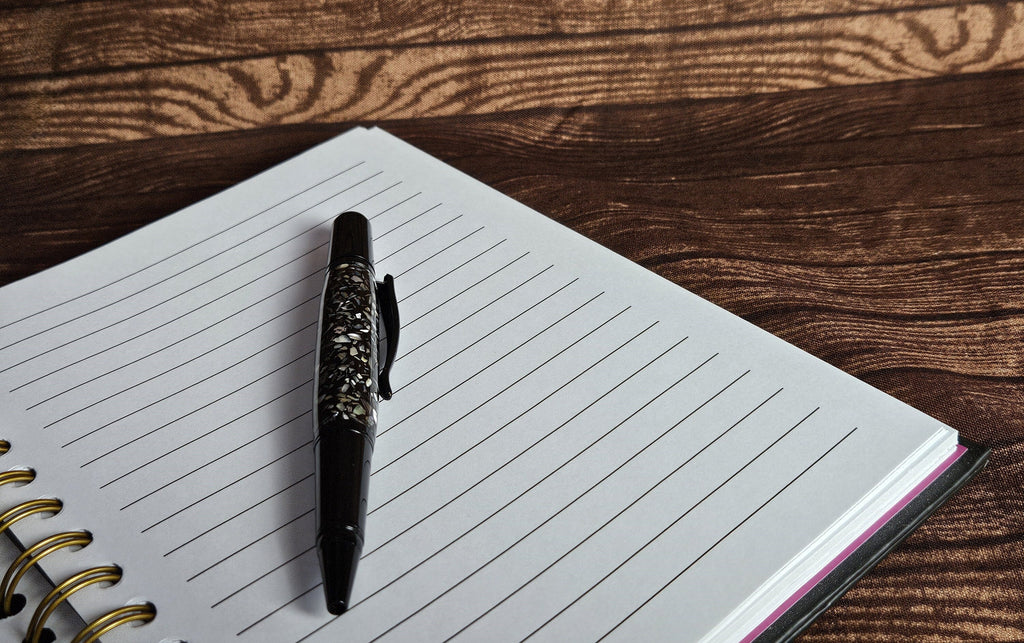 Natural Black and White Abalone Shell Pen with a Black Chrome Twist Pen Kit