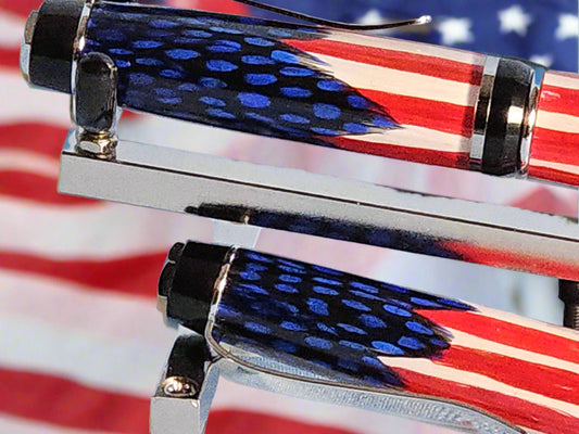 Pen and Pencil Set - Hand Placed Blue Feathers American Flag with an Elegant Black Chrome Pen Kit