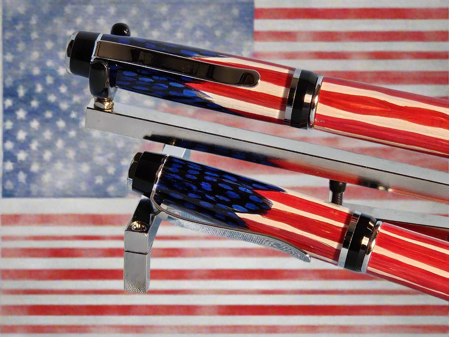 Pen and Pencil Set - Hand Placed Blue Feathers American Flag with an Elegant Black Chrome Pen Kit