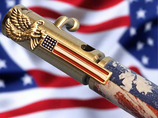 Patriotic Abstract American Flag Pen with Antique Brass Finish & Eagle Clip, Saluting Soldier Accents, and God Bless America Etched Design