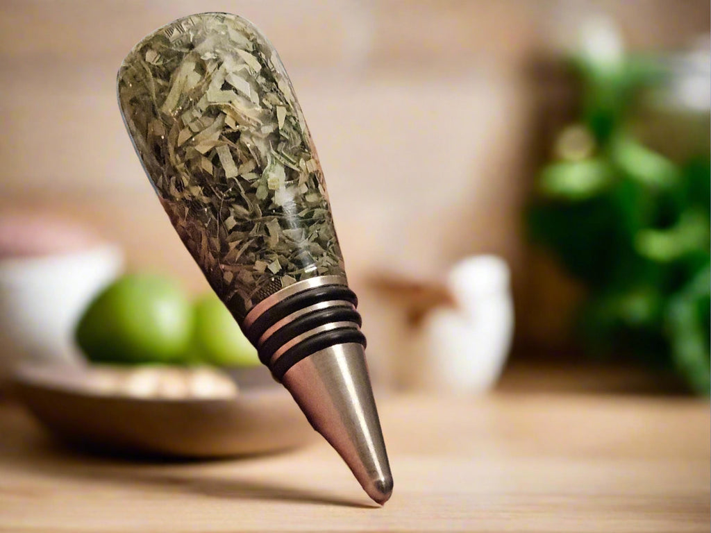 Bottle Stopper with Shredded Money Cast in Clear Resin with a Stainless Steel Bottle Stopper