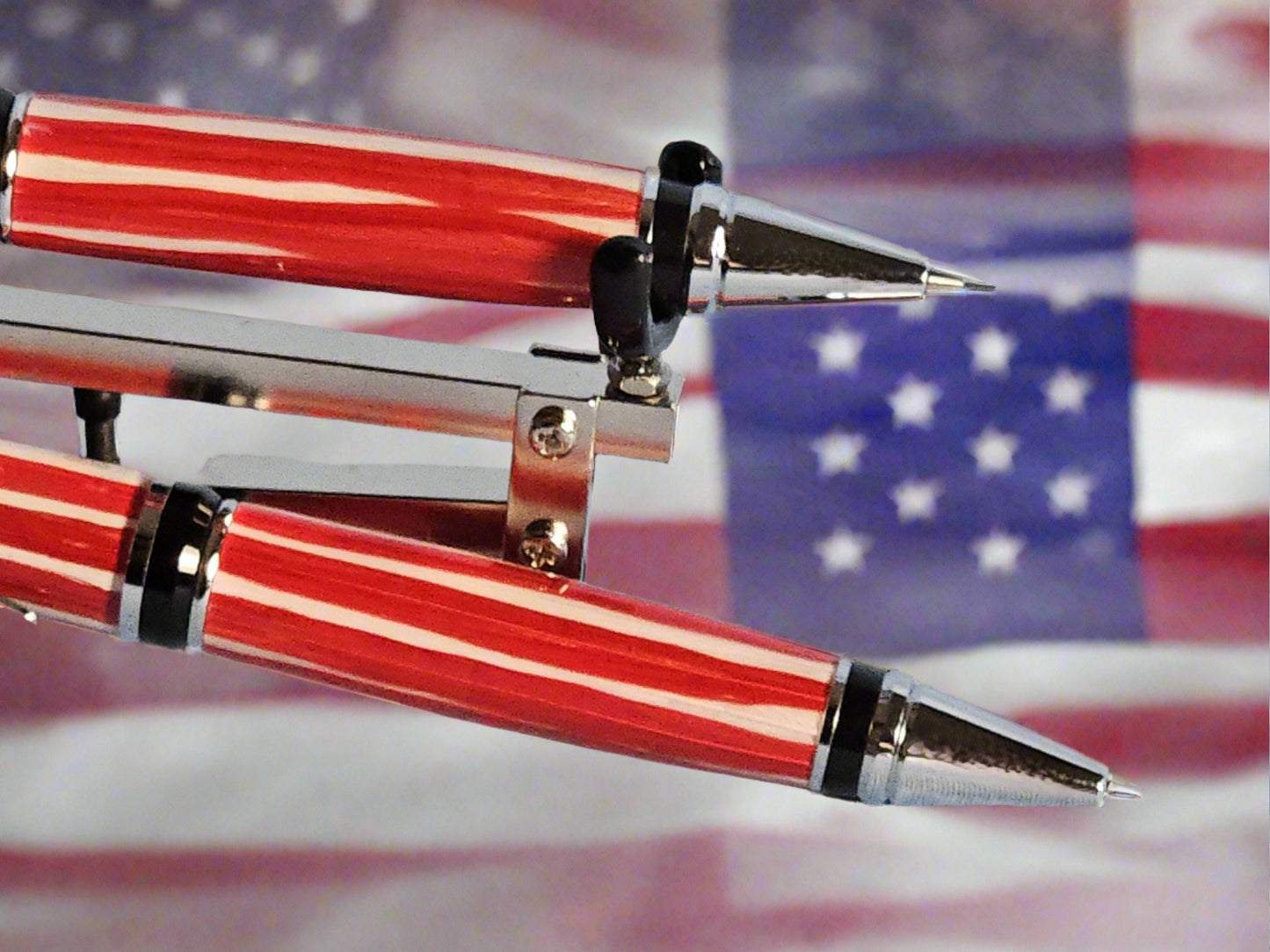 Pen and Pencil Set - Hand Placed Blue Feathers American Flag with an Elegant Black Chrome Pen Kit