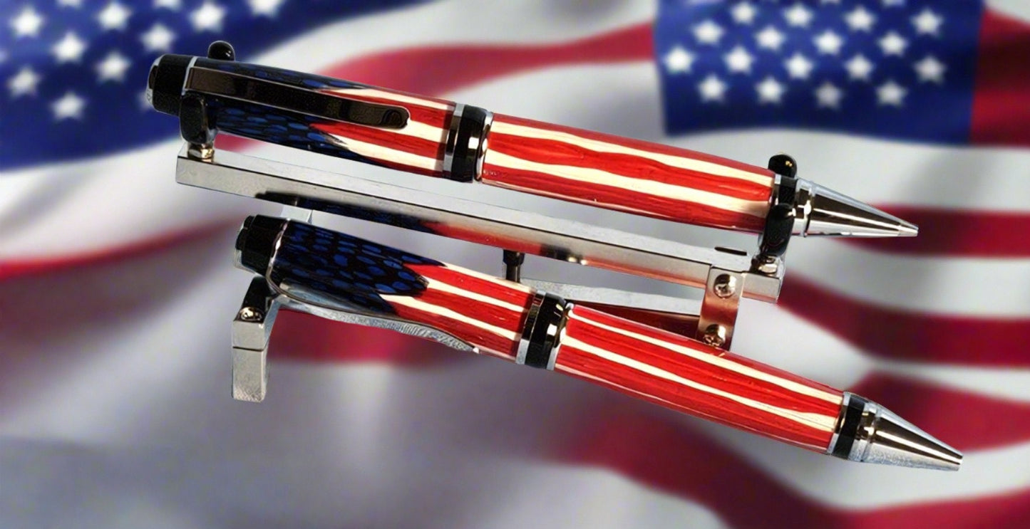 Pen and Pencil Set - Hand Placed Blue Feathers American Flag with an Elegant Black Chrome Pen Kit