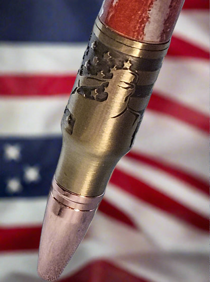 Patriotic Abstract American Flag Pen with Antique Brass Finish & Eagle Clip, Saluting Soldier Accents, and God Bless America Etched Design