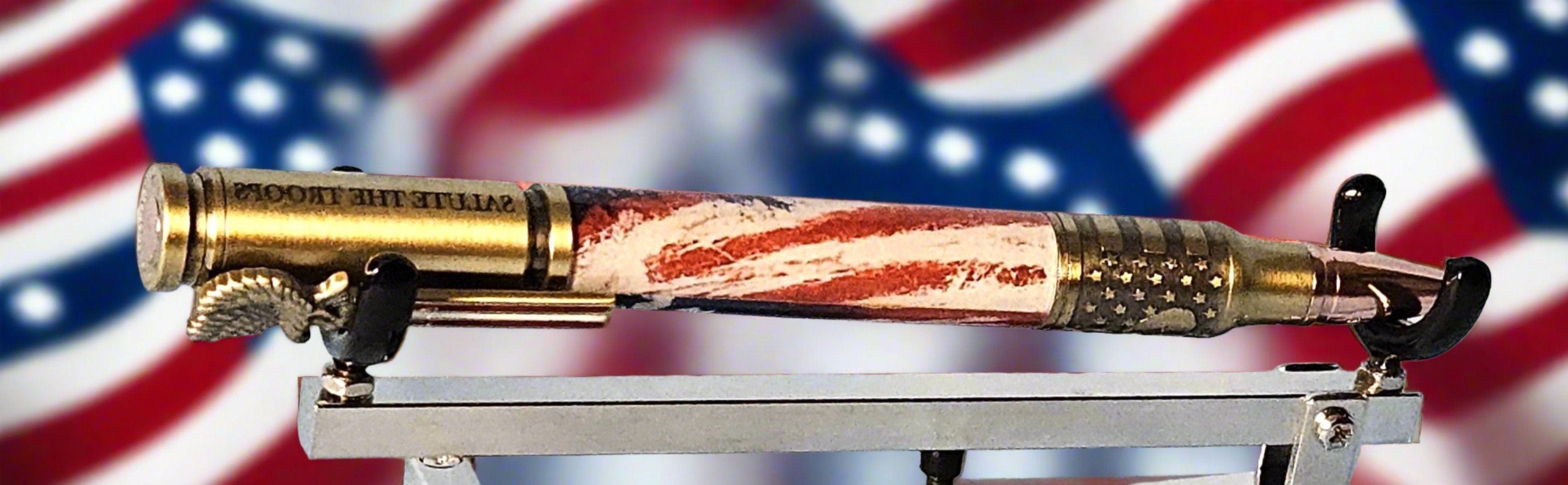 Patriotic Abstract American Flag Pen with Antique Brass Finish & Eagle Clip, Saluting Soldier Accents, and God Bless America Etched Design