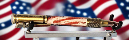 Patriotic Abstract American Flag Pen with Antique Brass Finish & Eagle Clip, Saluting Soldier Accents, and God Bless America Etched Design