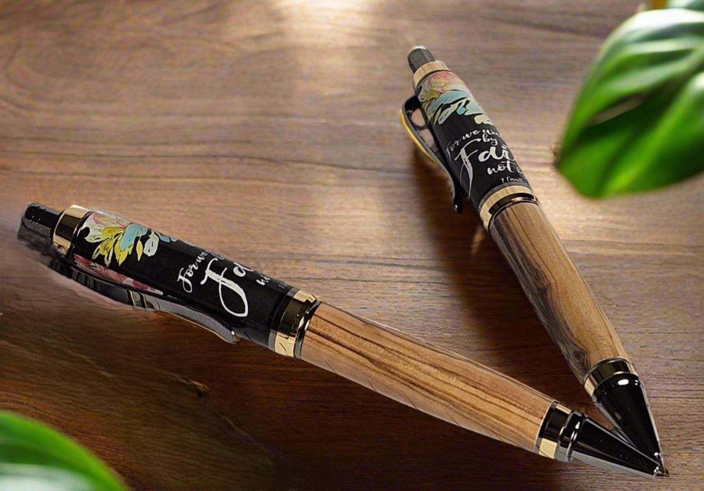 Pen & Pencil Set - Authentic Bethlehem Olive Wood; Walk By Faith Label Cast Click with a Gold and Black Titanium Pen and Pencil Kit