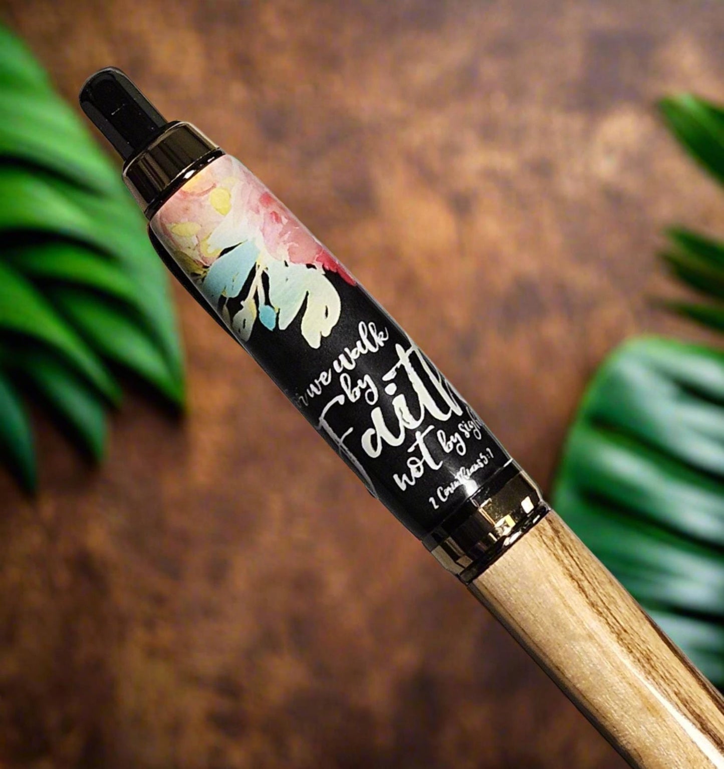Pen & Pencil Set - Authentic Bethlehem Olive Wood; Walk By Faith Label Cast Click with a Gold and Black Titanium Pen and Pencil Kit