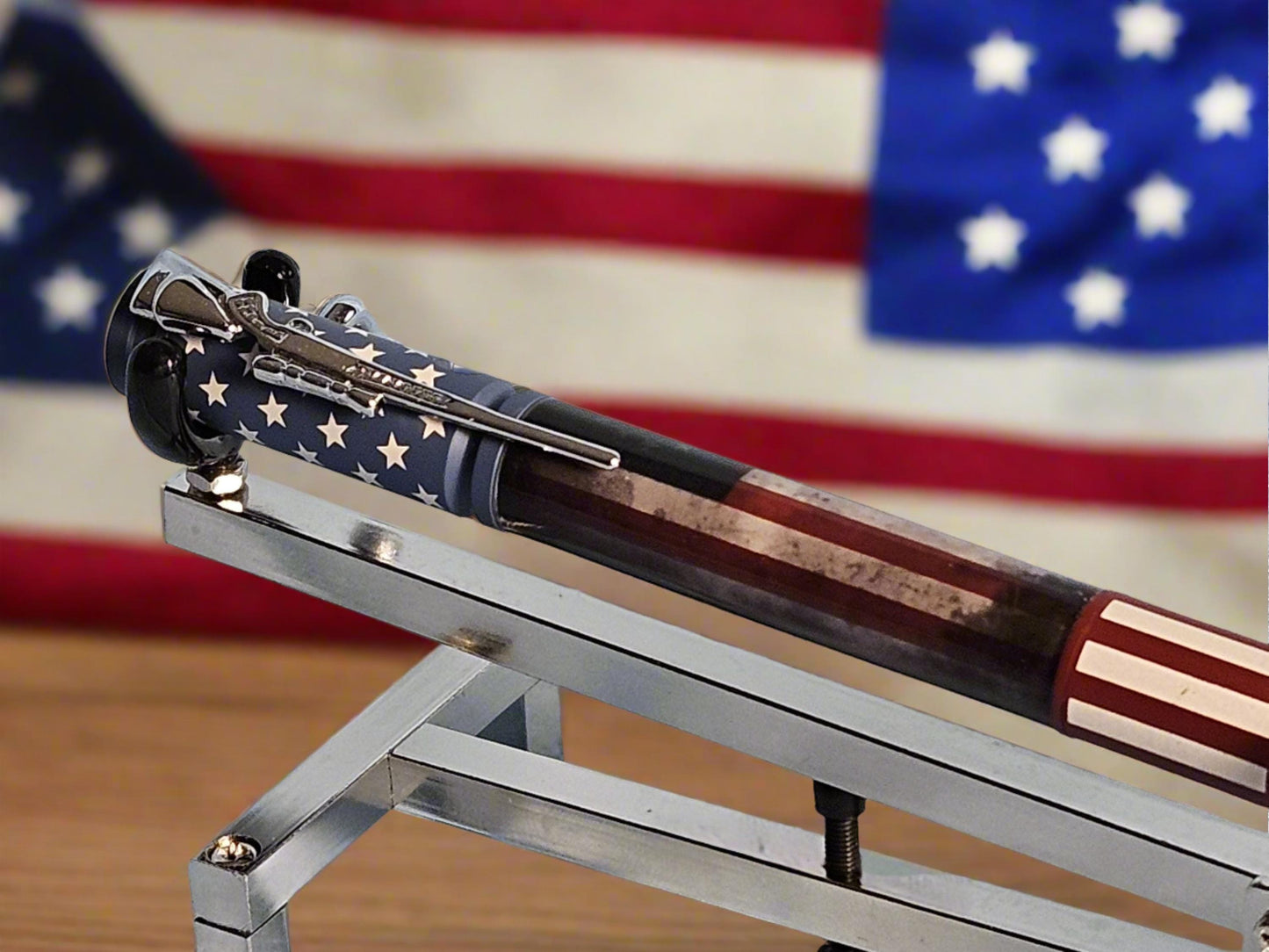 Antiqued American Betsy Ross Flag Pen, Bolt Action Ceramic & Chrome Pen Kit, Riffle Clip, Patriotic Writing Gift