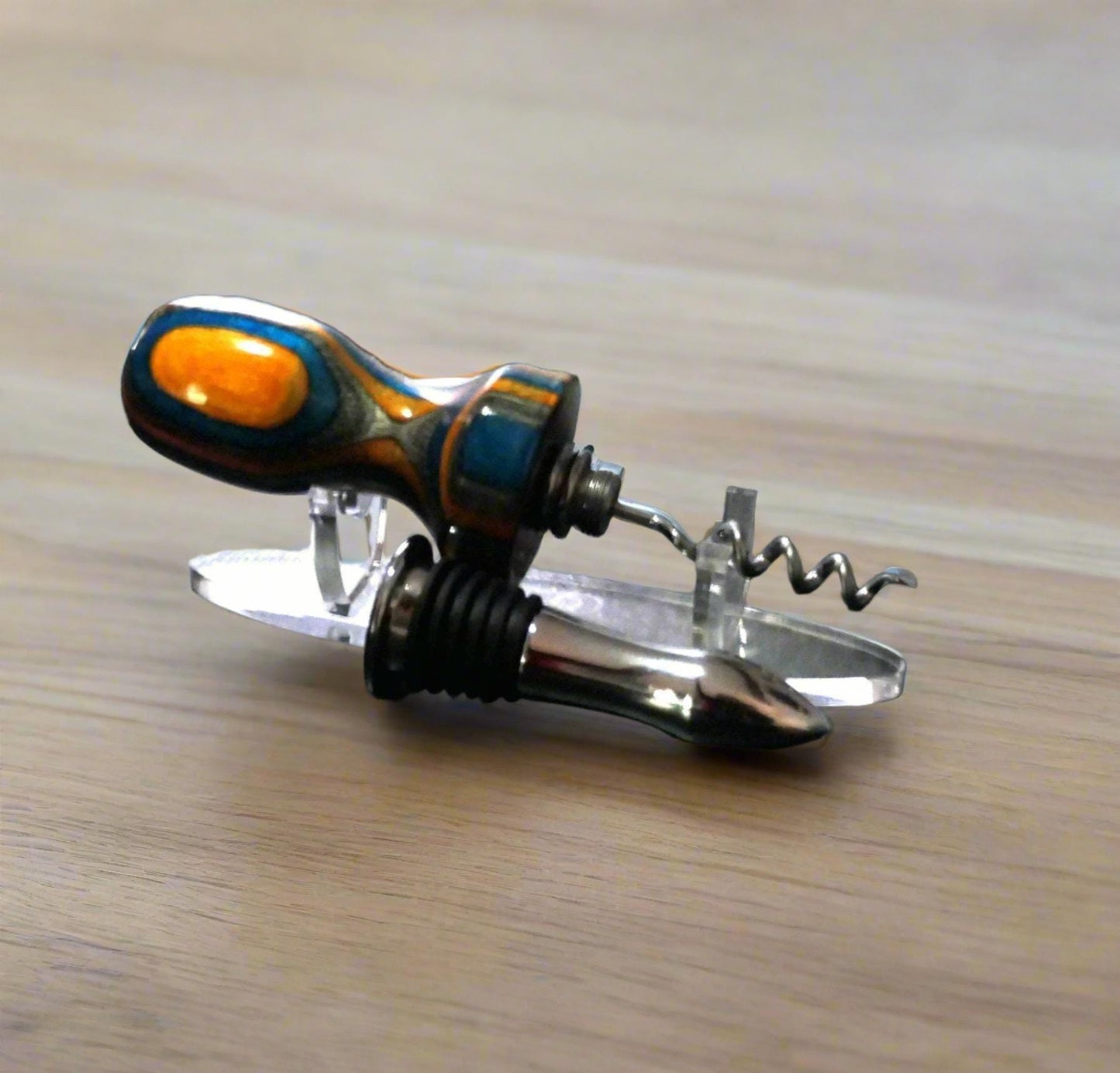 Spectra Ply Dyed Wooden Birch Laminate "Aqua Fire" Bottle Stopper with a Chrome Food-Safe Hidden Corkscrew Stopper
