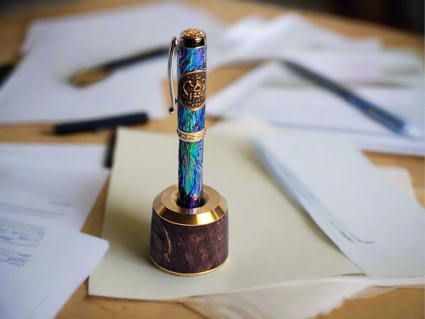 Curly Maple Purple (Blue) Wooden Pen and Pencil Stand with a Classic Brass Cap (Shorter)