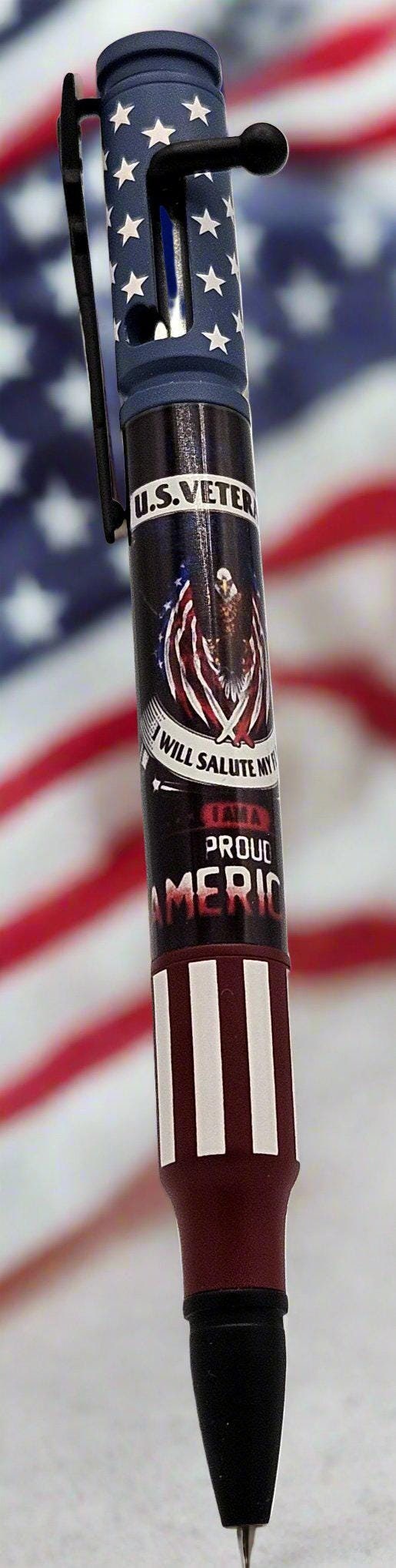 Veteran "I Will Salute the Flag" Bolt Action Pen - Blue Ceramic Pen Kit, Handcrafted Gift for Veterans, USA Patriot Keep Sake