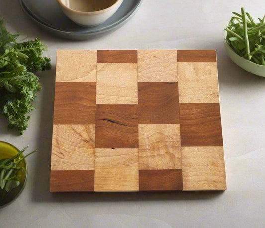Handcrafted Wooden Trivet: Maple and Cherry Wood in a Checkerboard Pattern