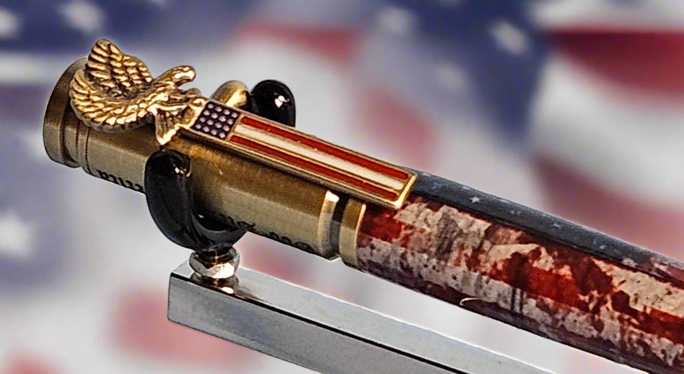 Patriotic Bolt Action Pen - American Battle Flag Design | Antique Brass & Copper Kit | God Bless America Etched Pen Top, Handmade USA Gift