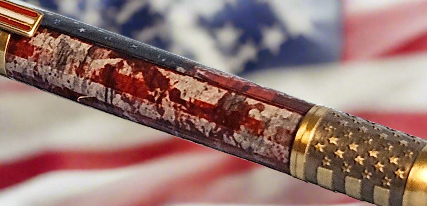 Patriotic Bolt Action Pen - American Battle Flag Design | Antique Brass & Copper Kit | God Bless America Etched Pen Top, Handmade USA Gift