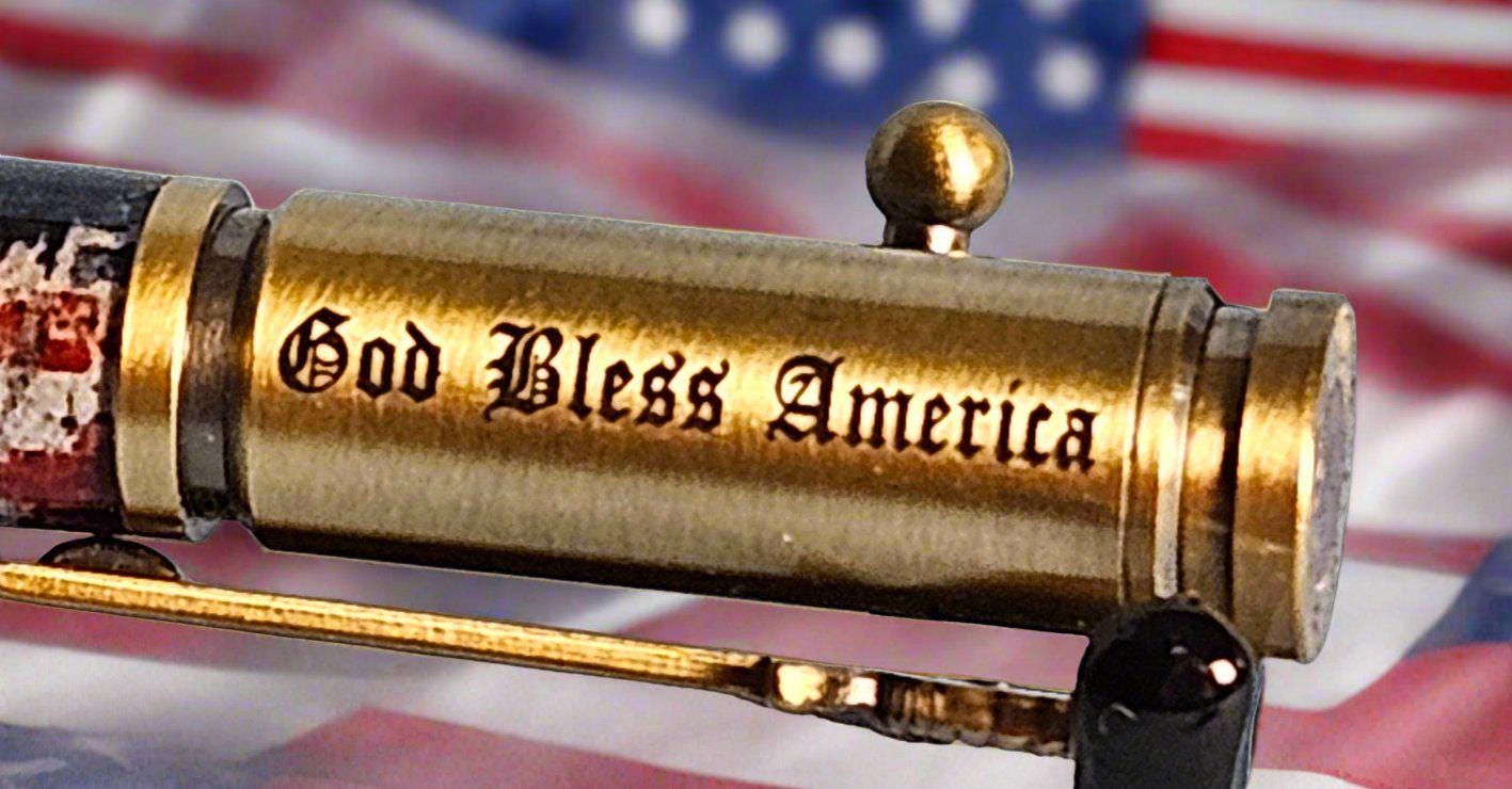 Patriotic Bolt Action Pen - American Battle Flag Design | Antique Brass & Copper Kit | God Bless America Etched Pen Top, Handmade USA Gift