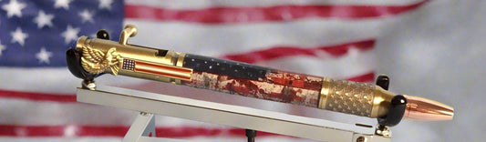 Patriotic Bolt Action Pen - American Battle Flag Design | Antique Brass & Copper Kit | God Bless America Etched Pen Top, Handmade USA Gift
