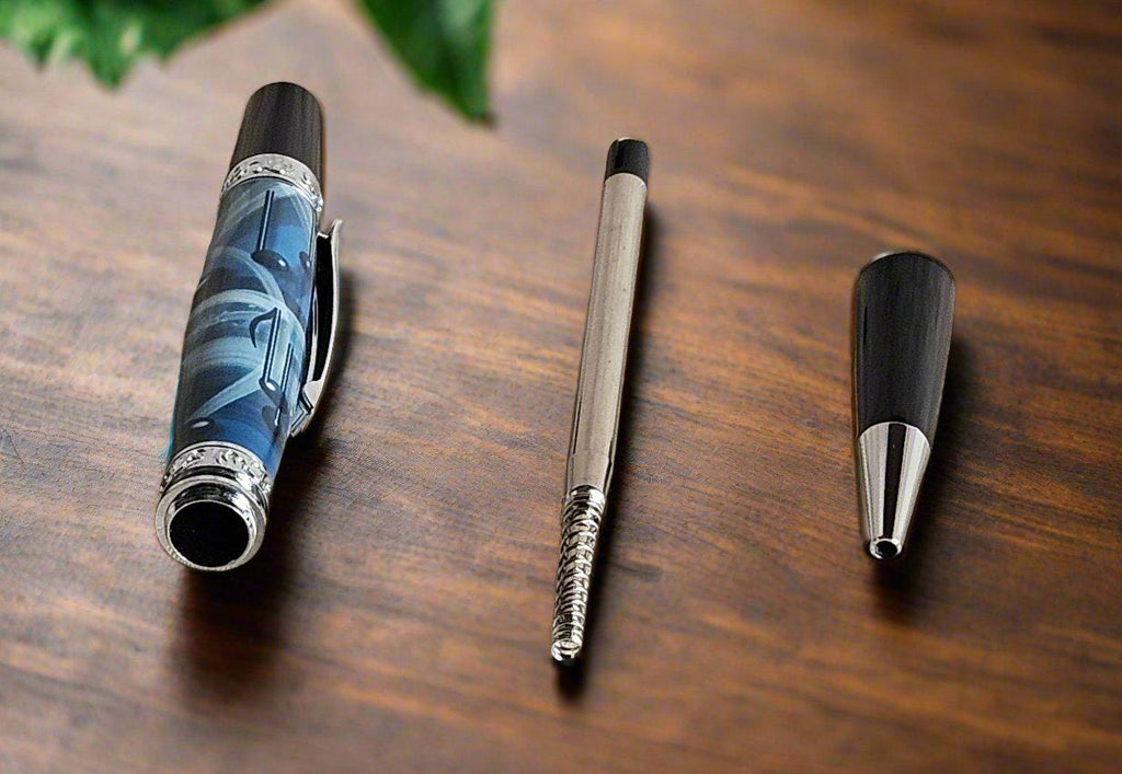 Blue and Black Music Notes Label Cast Pen with a Sleek Black and Chrome Pen Kit