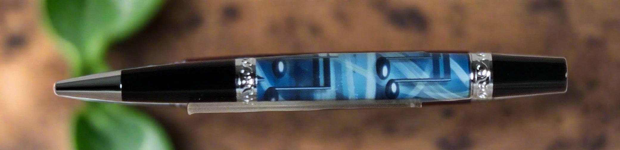Blue and Black Music Notes Label Cast Pen with a Sleek Black and Chrome Pen Kit