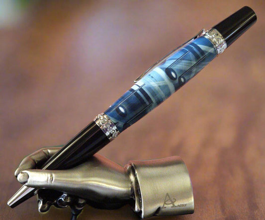 Blue and Black Music Notes Label Cast Pen with a Sleek Black and Chrome Pen Kit