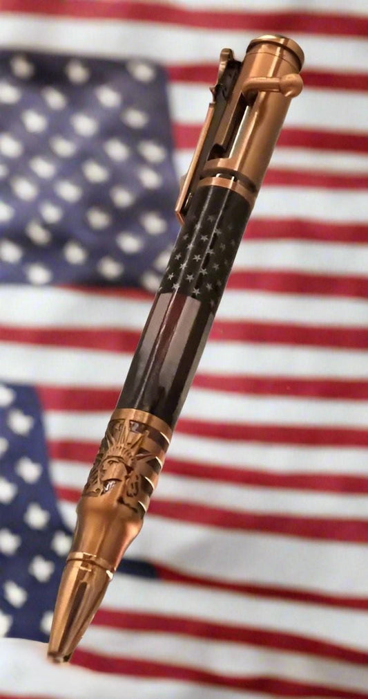 Patriotic Bolt Action Pen: American Flag Design with Copper Statue of Liberty & Bald Eagle, Antique Finish