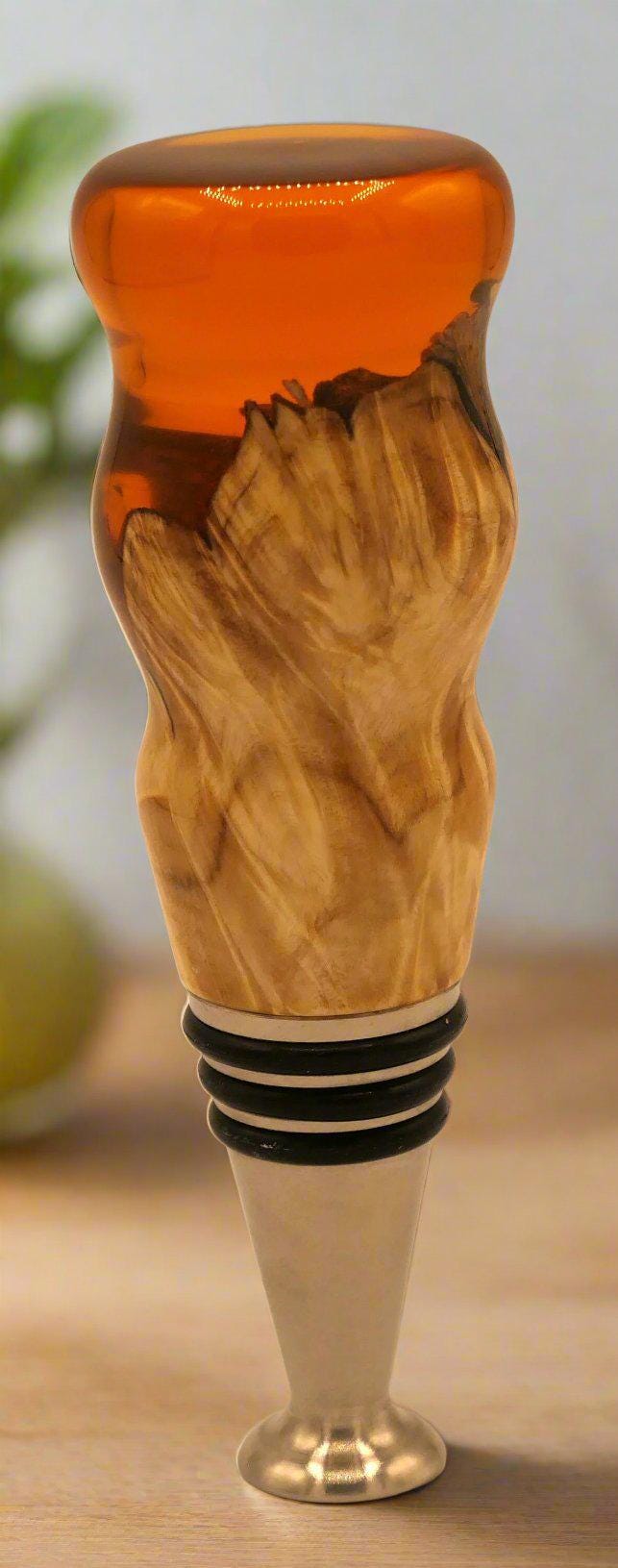Wooden Maple and Transparent Orange Resin Bottle Stopper with a Stainless Steel Food-Safe Stand Alone Stopper