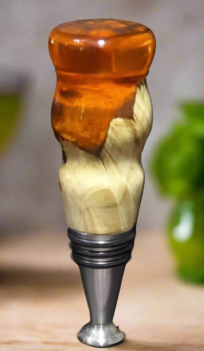Wooden Maple and Transparent Orange Resin Bottle Stopper with a Stainless Steel Food-Safe Stand Alone Stopper