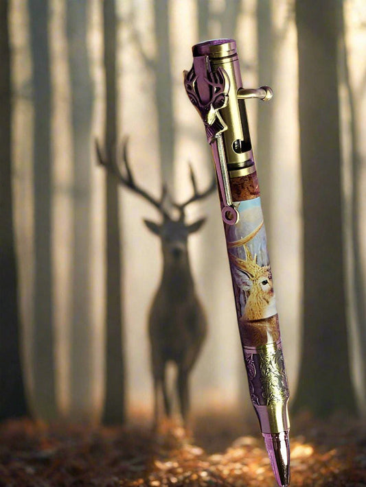 Deer Hunter Bolt Action Pen: Label Cast with Burl Wood Segments & Antique Brass Kit, Featuring a 5-point Buck - Unique Gift for Hunters