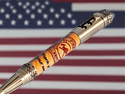 Laser Etched Wooden Firefighter Pen | Bolt Action Gear Shift Design | Antique Pewter Kit | Unique Gift for Firefighters