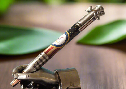 Navy Crest Label Cast Antiqued American Flag Pen - Antiqued Pewter Bolt Action Pen Kit Featuring the Bald Eagle and the Saluting Solider