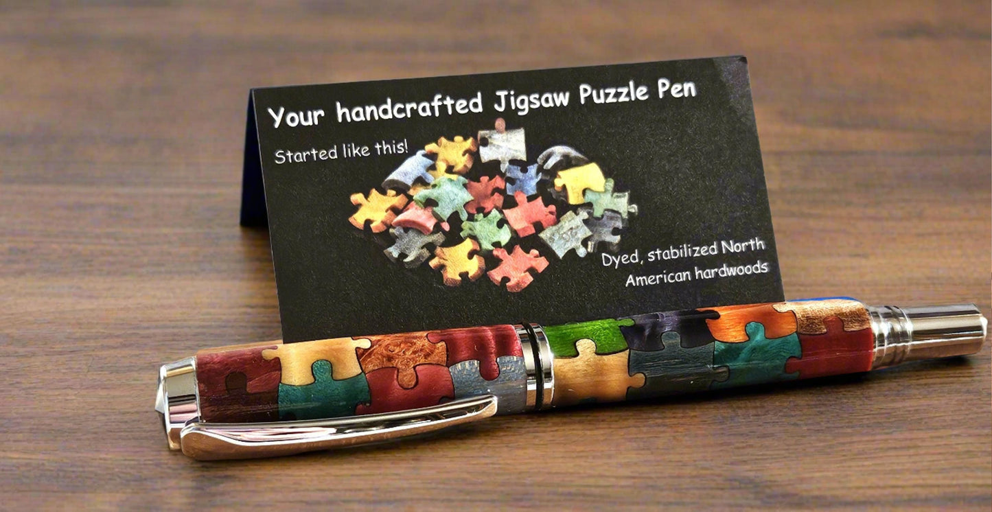 Wooden Advanced Puzzle Inlay Pen – Blue Autism Awareness Puzzle Piece, Capped & Postable, Chrome Pen Kit, Unique Gift for Autism Support
