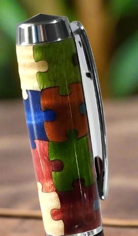 Wooden Advanced Puzzle Inlay Pen – Blue Autism Awareness Puzzle Piece, Capped & Postable, Chrome Pen Kit, Unique Gift for Autism Support