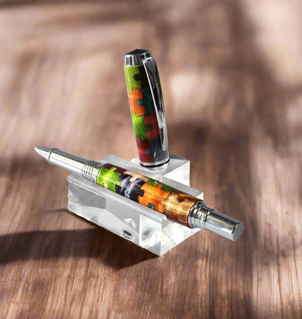 Wooden Advanced Puzzle Inlay Pen – Blue Autism Awareness Puzzle Piece, Capped & Postable, Chrome Pen Kit, Unique Gift for Autism Support