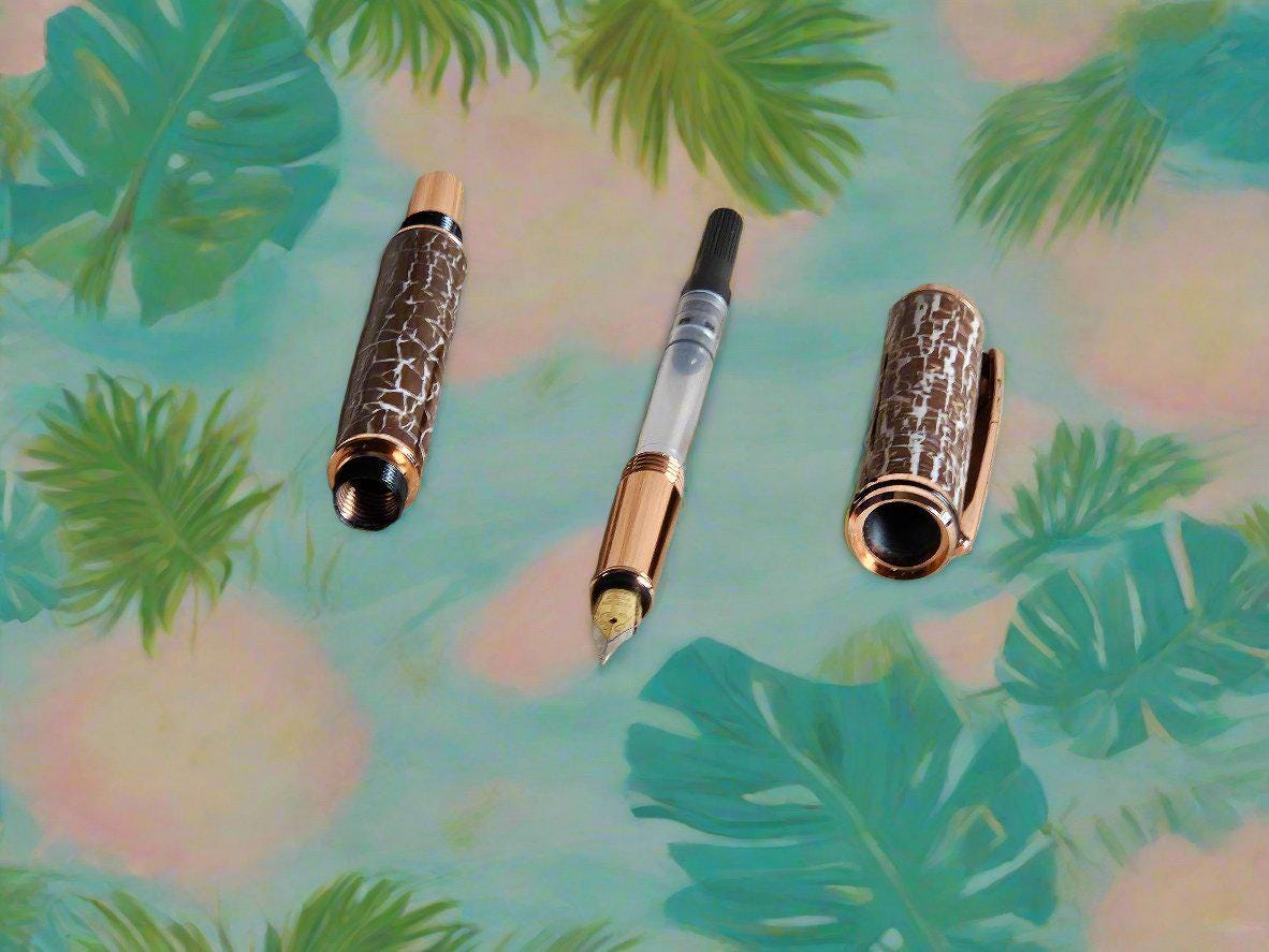 Fountain Pen: Beach Vibes Coconut Shell Label Cast Capped Fountain Pen with a Copper Pen Kit