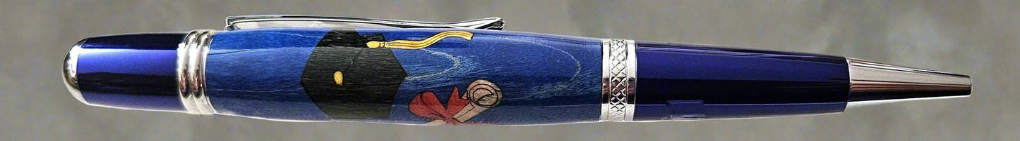 Wooden Inlay, Cap and Diploma, Graduation Pen with a Spectrum Blue Chrome Pen Kit