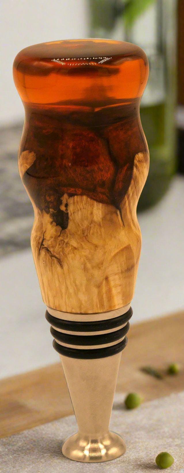 Wooden Maple and Transparent Orange Resin Bottle Stopper with a Stainless Steel Food-Safe Stand Alone Stopper