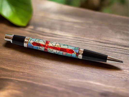 Stain Glass Cross Label Cast Pen with a Super Button Click Chrome and Black Chrome Pen Kit