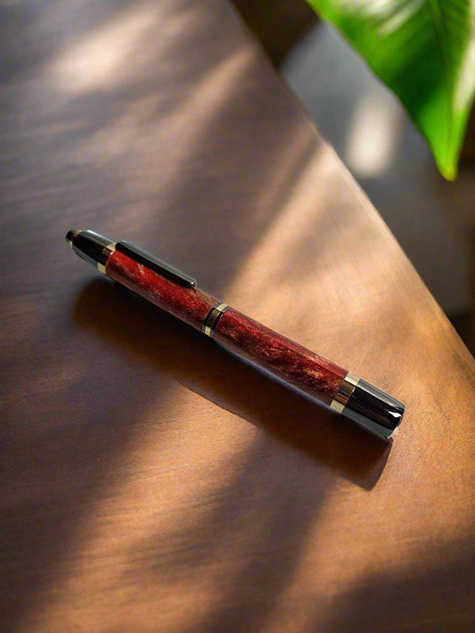 Penlight - LED Diamond Cast Red, Gold, and Brown Glittery Swirl Penlight with a Gunmetal Kit and Gold Accents