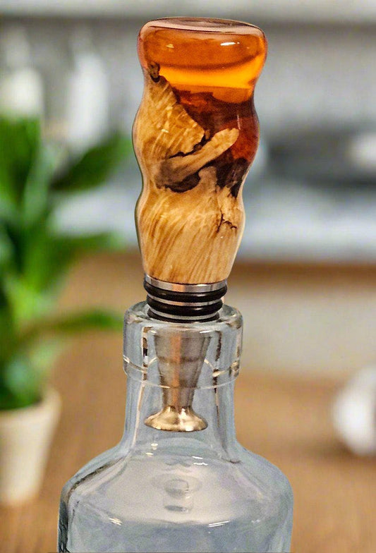Wooden Maple and Transparent Orange Resin Bottle Stopper with a Stainless Steel Food-Safe Stand Alone Stopper