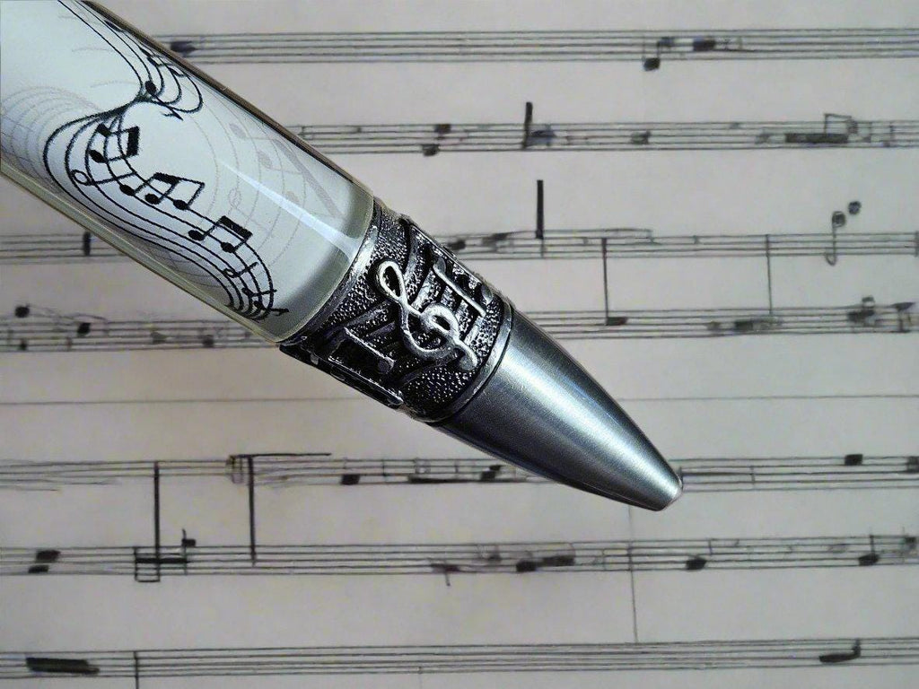 Musical Instruments Pen (piano, drums, guitar represented) with an Antique Pewter Pen Kit and a White Music Sheet Label Cast on the Body