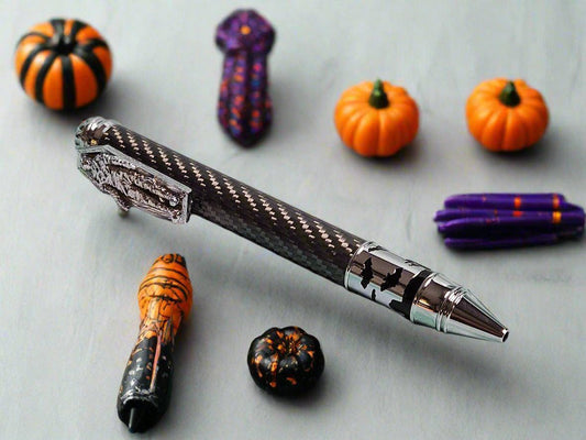 Haunted Halloween Carbon Fiber and Clear Resin Pen with a Chrome Halloween Pen Kit Featuring a Mummy, a Zombie, and a Jack-O-Lantern