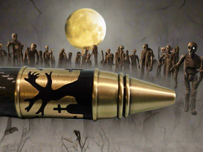 Haunted Halloween Carbon Fiber and Clear Resin Pen with an Antique Brass Halloween Pen Kit Featuring a Mummy, a Zombie, and a Jack-O-Lantern